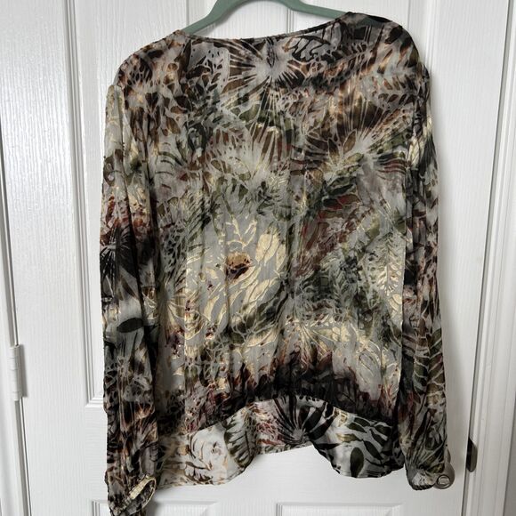 Chico's Velvet Burnout Sheer Silk Blouse Size 3 US XL Brown Long Sleeve Side Tie - Picture 5 of 9